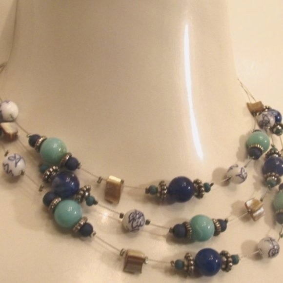 Layered Glass Genuine Stones MOP Stainless Steel Floating Necklace - Picture 3 of 12